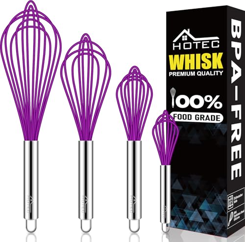 Image of HOTEC 4 Pieces Silicone Whisks Set, Wire Balloon Whisks for cooking Egg Beater, Non-slip Handle Whisk for Non-stick Cookware Perfect for Cooking, Stirring, Beating and Blending,Purple