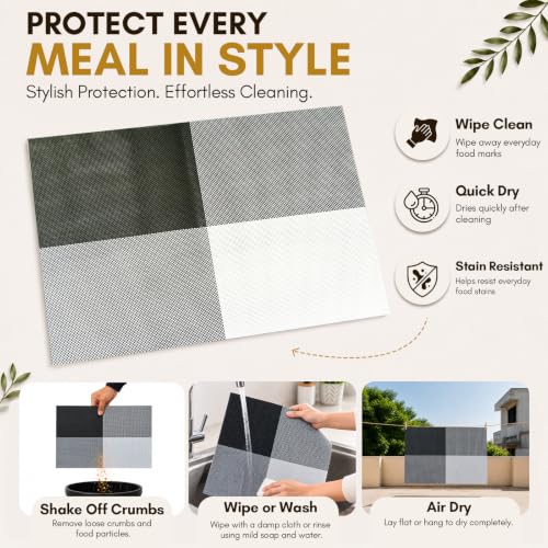 Image of Solitude Set of 4 Dining Table Placemats | Non-Slip PVC Table Mats, Heat Resistant, Washable, Stain-Resistant Surface (Black & White, 45 x 30 cm)