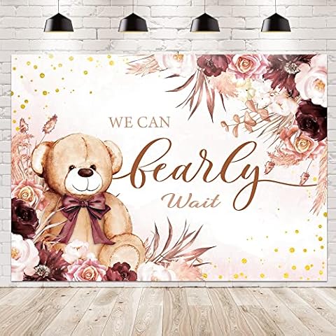 Newsely Teddy Bear Baby Shower Backdrop 7Wx5H Photography Pink Floral Pampas Grass Watercolor Rose Lovely Background We Can Bearly Wait Party Decorations Banner Photo Booth Props Birthday Supplies Cover