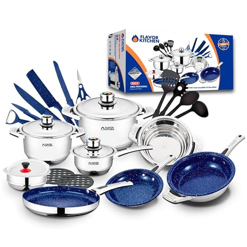 Lista de Bateria Flavor Stone Precio , tabla con los diez mejores. 42 Flavor Kitchen Batería de Cocina de 25 Piezas - Juego de Ollas y Sartenes de Acero Inoxidable Quirúrgico 18/10 - Fondo de 12 Capas para Inducción - Tapas con Termómetro, Kit de...