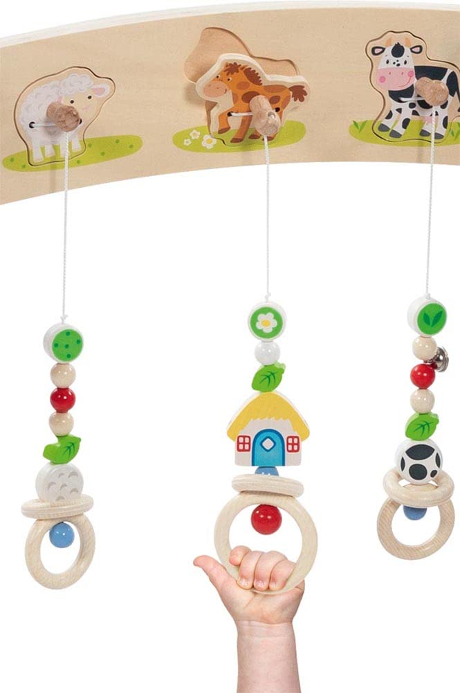 goki 65208 - Baby-Fit Bauernhof Tierstimmen Greif- und Spieltrainer aus Holz, Spielebogen mit Sound, Greifen und Lernen, Made IN Germany, Lernspaß ab Geburt