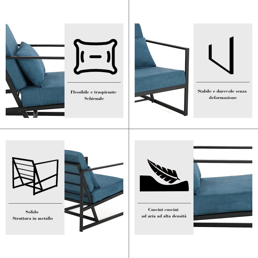 Mingone Sessel Gepolsterter Cocktailsessel Relax Polstersessel Stuhl Lehnstuhl Blau aus Leinen Loungesessel mit Handläufen Eisengestell für Wohnzimmer, 1