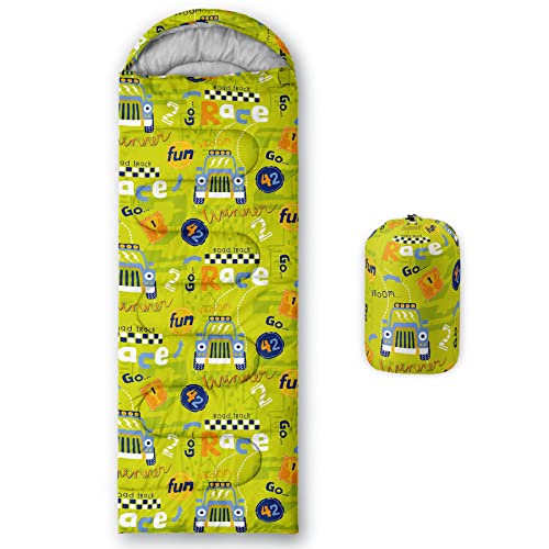 Bolsa de dormir para niños AGANS Kids con estampado de coche de carreras, ligera, cálida, impermeable y resistente al frío para camping y senderismo miniatura 1