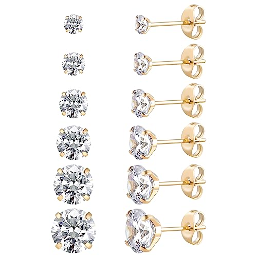 Lot de 6 paires de clous d'oreilles en acier inoxydable chirurgical, vis arrière plaqué or 18 carats cœur, étoile, carré, princesse, rondes, zircons blancs, pour femme