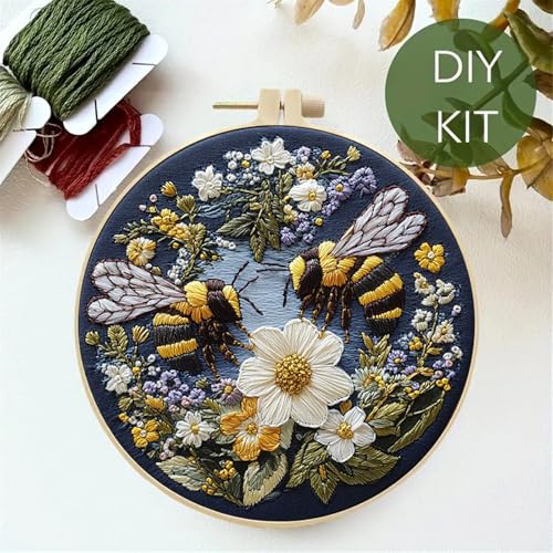 Image of Huacan Embroidery Kit for Beginners Adults Includes Stamped Bees Pattern, Hoop, Color Threads,Tools,Easy to Follow Instruction