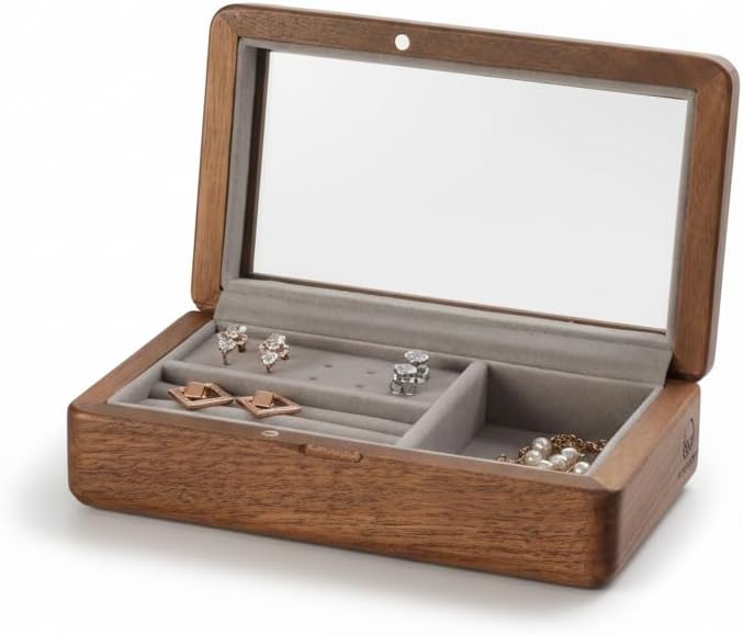 Walnut Jewelry Storage Box with Glass Lid, Multi-Functional Wooden Jewelry Organizer, Soft Velvet Interior, Natural Wood Craft Display Box for Rings, Earrings, Necklaces, Valentine’s Day Gift