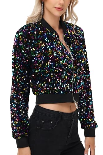 Anna-Kaci Women's Sparkly Sequin Jacket Cropped Two-Way-Zipper Glitter Party Club Bomber Jacket3