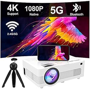 Native 1080P Mini Projector with 5G WiFi and Bluetooth (with Tripod), 4K Supported Outdoor Projector, Portable Movie…