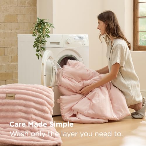 Image of Bedsure Gentlesoft 2-in-1 King Size Comforter Set and Detachable Fluffy Blanket, Pink Bedding Set for All Season Use, Detachable Design for Space Saving (Includes 2 Pillow Shams, 2 Pillowcases)