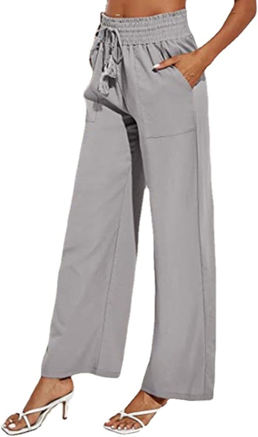 DGHM-JLMY Casual Loose Wide Leg Pants Women Cotton and Linen Drawstring Cropped Pants with Pockets Elastic Trousers
