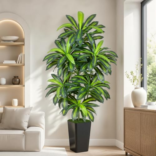 Image of 7FT Artificial Dracaena Tree - High-Density Foliage Fake Plant with Black Tall Planter - Faux Yucca Floor Plant for Home Office Decor Indoor
