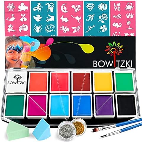 Face Paint Kit, Bowitzki 12 Vibrant Colors 2 Glitter 2 Brushes 40 Stencils 2 sponges,Non Toxic Hypoallergenic Water Based FDA Compliant Professional Halloween Makeup Painting Set for Kids Cover