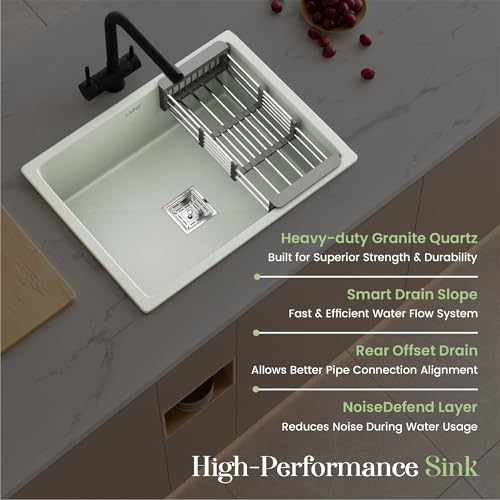 Image of LAPO Quartz Basin for Kitchen | 24x18 Inch Single Bowl Basin | Minimal Splash Noise & UV Protected Sink with Tap Hole | Sink with Drain Accessories and Basket | 3 Yrs Warranty (White Finish)