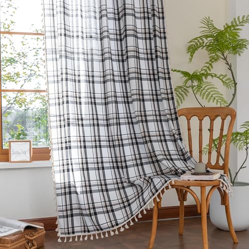 Erbnaryx Plaid Curtains 84 Inch Length, Light Filtering Window Drapes with Rod Pocket and Handmade Tassels, 2 Panels, Tartan Curtains for Living Room Bedroom,White Black
