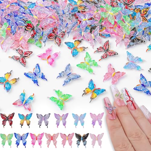 100Pcs Cute Butterfly Nail Art Charms Mini 3D Resin Butterflies Nails Rhinestones Mixed Colorful Butterfliey Nail Gems Summer Diamonds Jewelry for Women Manicure Accessories Crafts