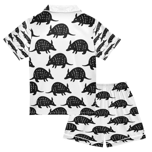 Satin Pajama Sets Short Sleeve Armadillo Pattern Print Black White Button Down Silky Nightwear 2 Piece PJS 5-14Y2