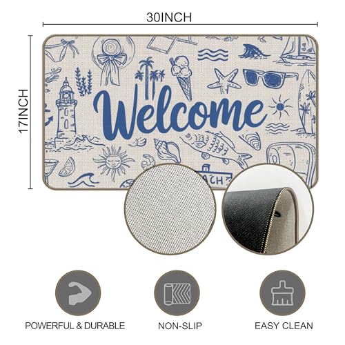 M-Qizi Coastal Beach Welcome Door Mat, Blue Preppy Beach Doormat for Outdoor Front Door Entrance Porch, Coastal Beachy Welcome Mats Doormat Outside, 17x30 Inch - Image 3