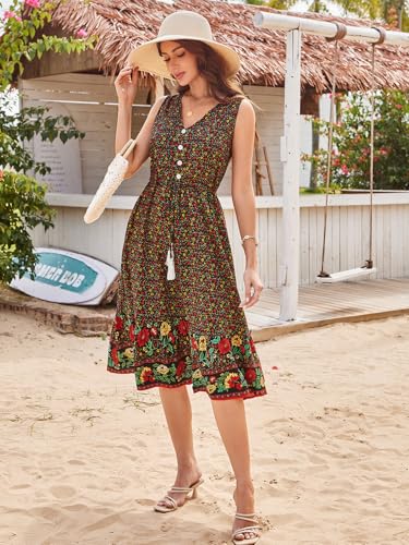 Image of BROVAVE Women Summer Bohemian Floral Print V Neck Sleeveless Sundress Flowy Casual Midi Dress