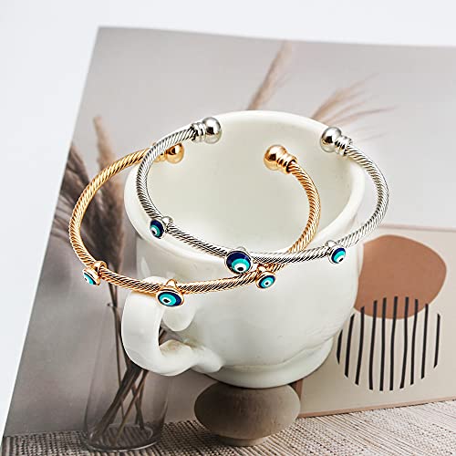 Teepollo Evil Eye Bracelet–2-Piece Set 14K Gold Plated Protection Bracelet-Greek Turkish Blue Female Dainty Handmade Ojo Turco Evil Eye Bracelets For Women–Sterling Silver Evil Eye Cuff Bangles For Women Girls (2Pcs Evil Eye Bangles) (Silver/Gold) #TOP3