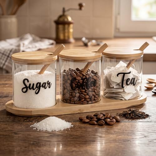 LemonRoad 3-Pack Glass Coffee & Tea Jar Set with Bamboo Tray
