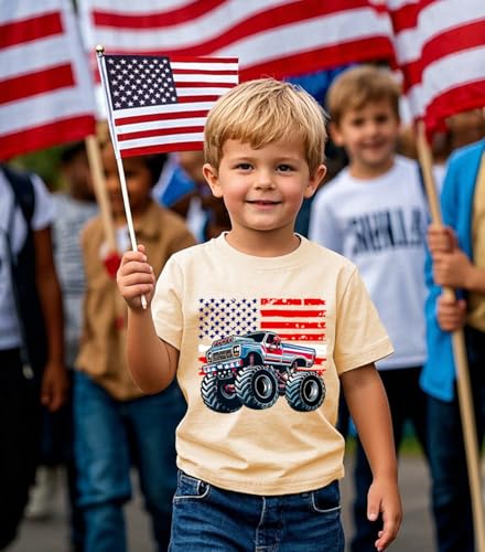 Image of 4th of July Shirts for Kids American Flag Truck T-Shirts Toddler Boys Patriotic Independence Day Memorial Day Tops Beige Tees 2T