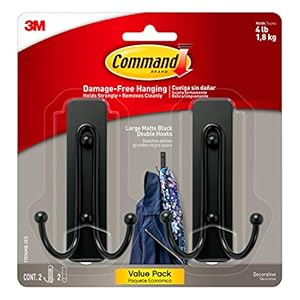 Command Large Matte Black Double Hooks, 2 Hooks and 2 Command Strips, Damage Free Hanging Wall Hooks with Adhesive Strips, Coat Hooks for Hanging Christmas Decorations, Holds up to 4 lb