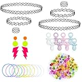 Mitibet Accesorios Disfraz Años 90 Mujer, Set Fiesta Años 80, 8 Llaveros Chupetes, 50 Mini Decoración, 6 Gargantilla Tatuaje, Pendientes Neón, 10 Pulseras, Joyas para Carnaval, Festival, Ropa