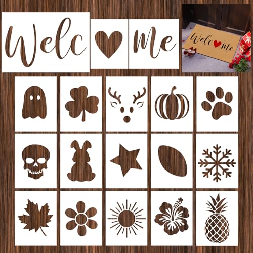 Fullhawl 18 Pcs Stencils for Door Mats Reusable Festival Stencils Templates Large Seasonal Painting Stencils Set for Holiday Art and Craft Drawing DIY Project Painting on Wood Walls Floor Doormat