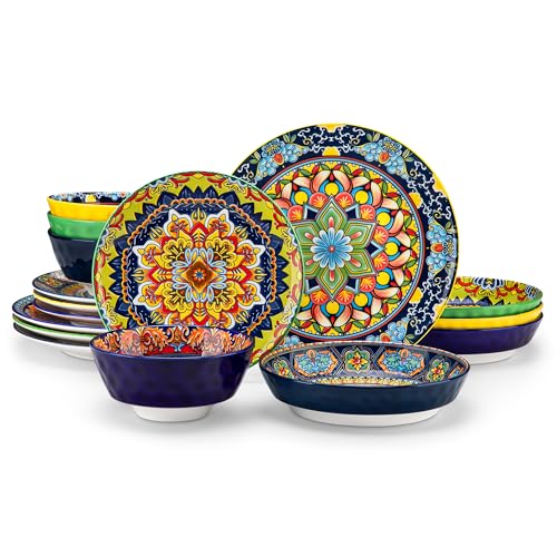 Image of vancasso 16 Pieces Plates and Bowls Set, Bohemian Style Dinnerware Sets Service for 4, Porcelain Boho Dishes Set for Kitchen, Housewaring Gift, Dishwasher and Microwave Safe, Series KRVI