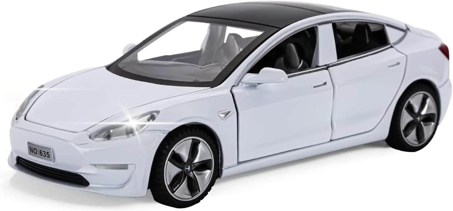 Tesla Model 3 1:32 Model Car, Toy Car with Light and Music, Kickback Function, Die-Cast Alloy, Ideal for Kids 3+ and Collectors (White)