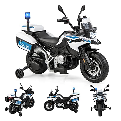 DREAMADE Moto Électrique de Police 12V Enfant pour 3-8 Ans avec 2 Roues d’Entraînement, Véhicule pour Enfant avec Phare, Musique, Klaxon, MP3, Charge Max 30 KG