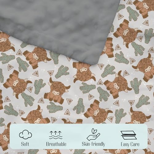 Image of Mink Baby Blanket for Boys Highland Cow Cactus Gray, Western Farm Animal Soft Lightweight Double Layer Dotted Backing Receiving Blankets, Newborn Infant Toddler Nursery Crib Bedding 30 x 40