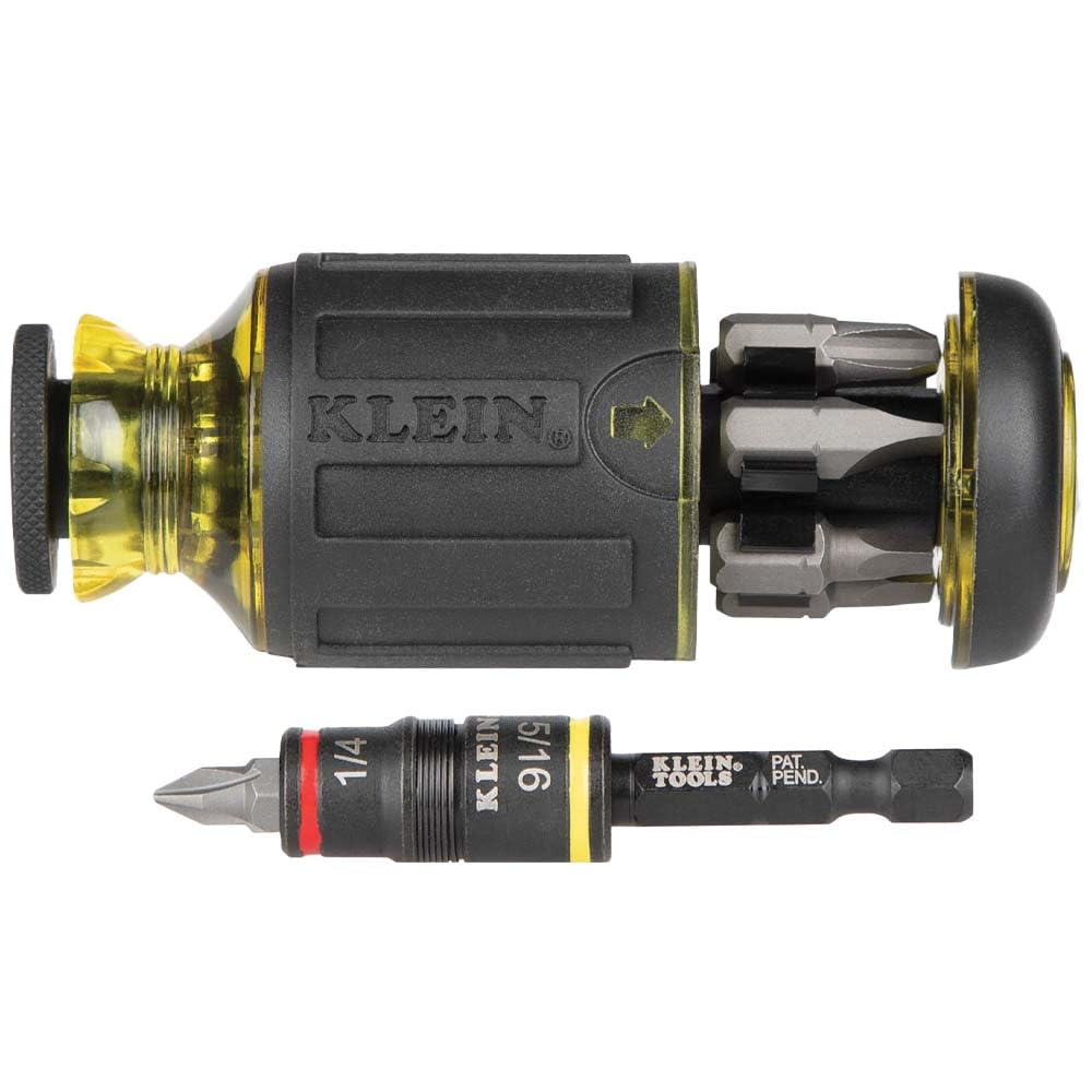 Klein Tools 32931 Zestaw nasadek udarowych 3 w 1, gniazdo z klapką z 2 rozmiarami sterowników sześciokątnych SAE i funkcją trzymania bitów 1/4 cala, klasa udarowa