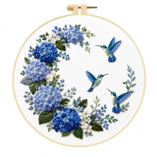 Image of Embroidery Kit for Beginners, Pre-Printed Hummingbird Design, 20cm Hoop