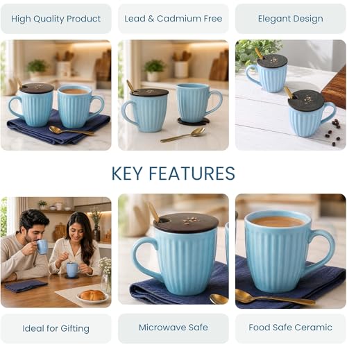 Image of The Earth Store Pastel Glam SkyBlue Coffee Mug with Lid and Spoon Set of 2 | 300ML Ceramic Coffee Mugs Set of 2 | Resin Art Wooden Lid & Golden Spoon | Premium Coffee Mugs for Gift