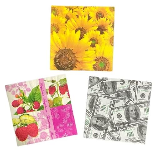 ペーパーナプキン 3種類 各5枚入 15枚入 紙ナプキン デコパージュ素材 アソート ハンドメイド ひまわり sunflower 花柄 フラワー フルーツ柄 果実 紙幣柄