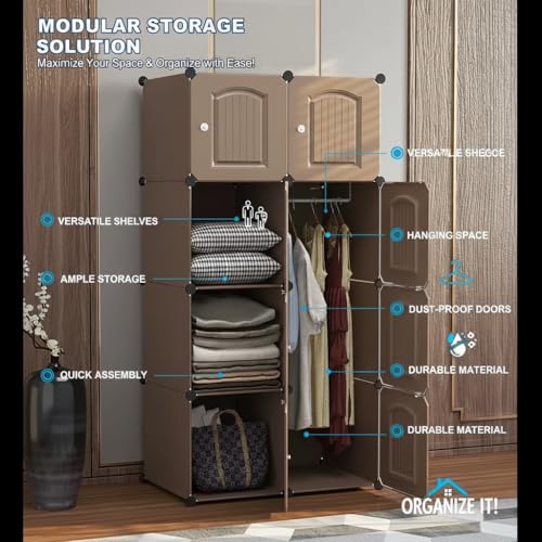 Image of EXVITO Collapsible Wardrobe Storage Cabinet | 8 Door Plastic Modular Clothes Organizer for Kids | Foldable Wardrobe Storage Rack with Hanging Space | Multi-Purpose Kids Closet Organizer - Brown