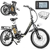 Goplus Electric Bicycle for Adults, Folding Ebike w/20 Fat Tires, 750W Brushless Motor (Peak 850W), 54V 13Ah Battery, Max. 30 MPH, 44 Miles, 7-Speed, Fork Suspension, Disk Brakes (Ebike w/Basket)