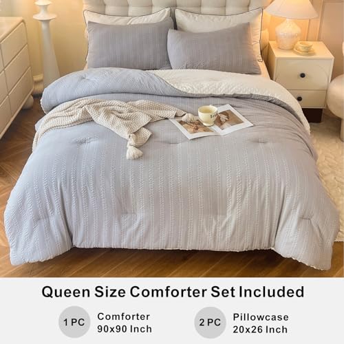 Image of tohrisa Boho Comforter Set Queen Size Striped Pleats Bohemian Seersucker Bedding Set All Season Soft Cozy 3 Pieces Quilt with 2 Pillowcases(90 inchX90 inch Grey)