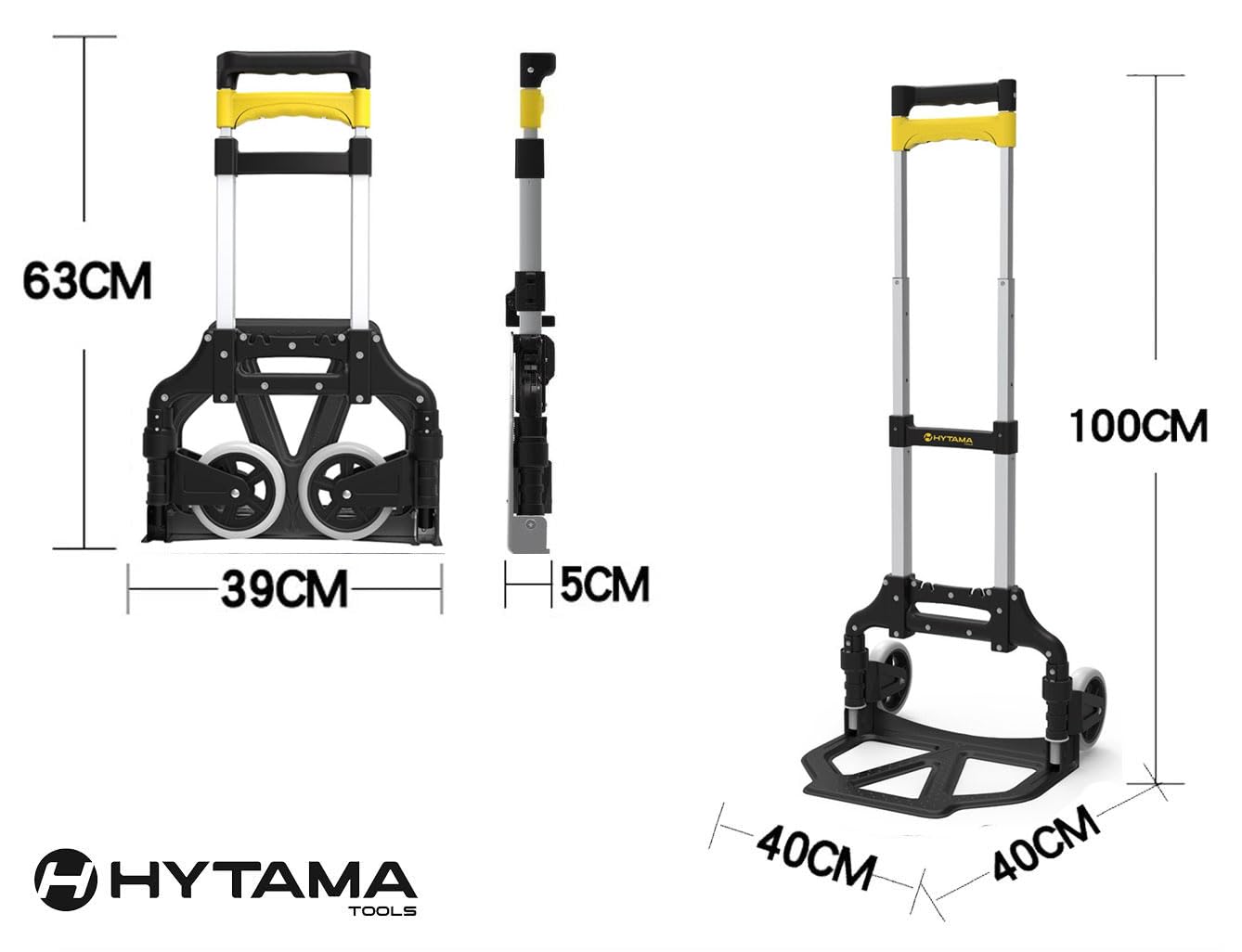 Hytama FOLD Shop Aluminium Transportkarre klappbar - Langer Teleskopgriff 100 cm - Ladefläche mit Anti-Rutsch-Pads - Leichtgängige Räder mit Soft-Laufflächen - inkl. 1 Expanderseilen