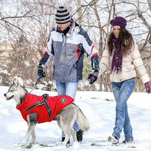 Hundejacke Winterweste Jacken, Hundejacke mit Geschirr, Hundemantel Wasserdicht, Warmer Hunde Wintermantel, Hunde Winterweste gefüttert, Maschinen Waschbarer, Wasserdicht (XL, Rot)