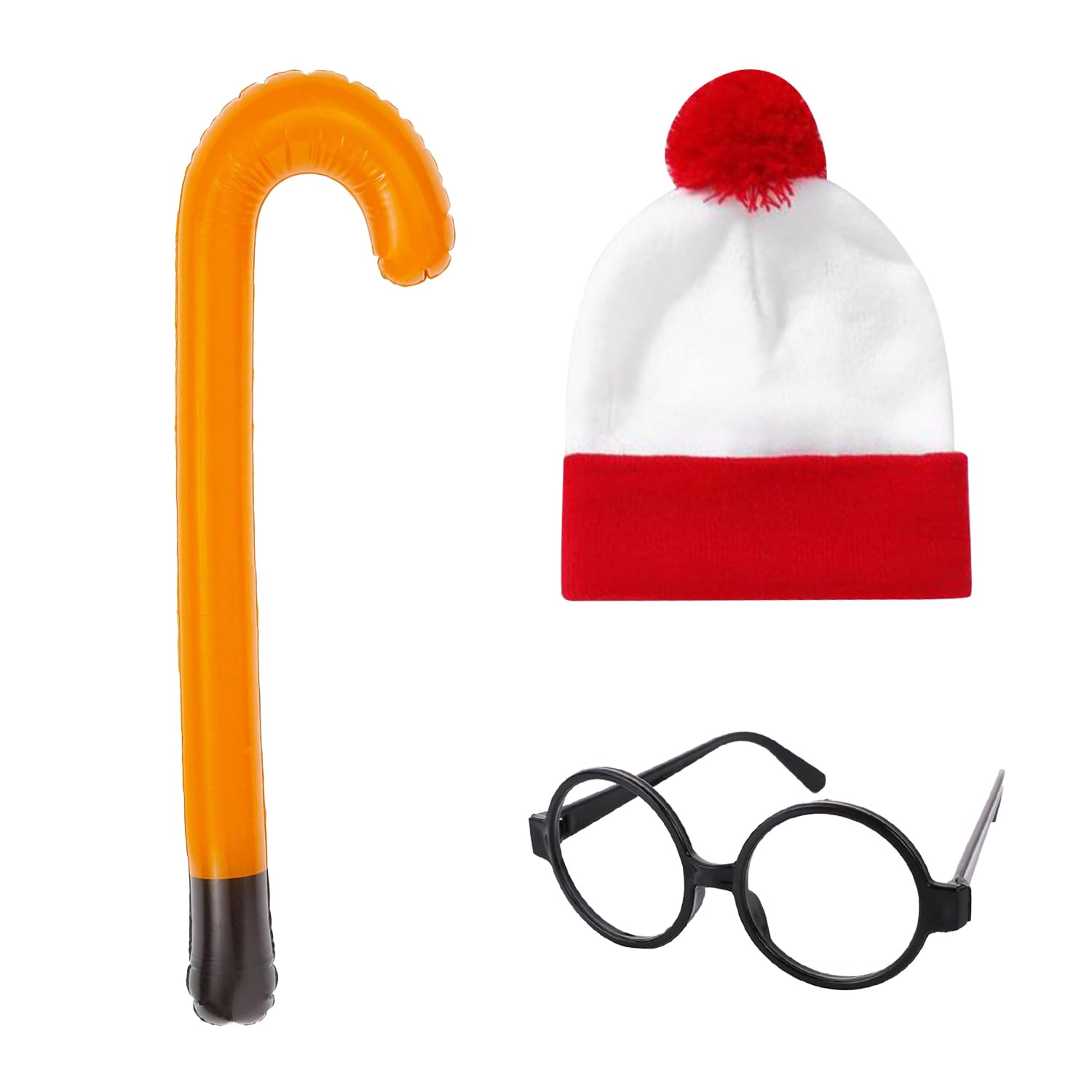 MEISH 3pcs Wally Costume Set Beanie Hat Black Glasses Inflatable Crutches Red and White Striped Accessories Cosplay Fancy Dress for Halloween Party