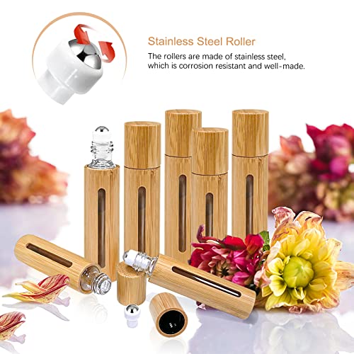 12Pcs 10ml Roller Bottles Balls for Essential Oils, Roll on Bottles with Bamboo Shell Clear Glass Inner, Portable Refillable Perfume Sample Bottle with Stainless Steel Ball4
