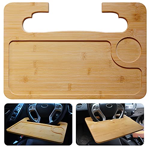 Bamboo Double-Sided Steering Wheel Tray, NEWZINIU car Table,Dining Tray and Laptop Desk, Smooth Finish Steering Wheel Desk for Laptop, iPad or Notebook