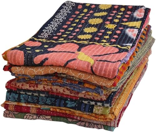 ANB ELEVATING EVERYDAY LIVING Indian Mix Lot Whole Sale Tribal Kantha Quilts Vintage Cotton Bed Cover Throw Old Assorted Patches Made Rally Vintage Assorted (Pack of 3)