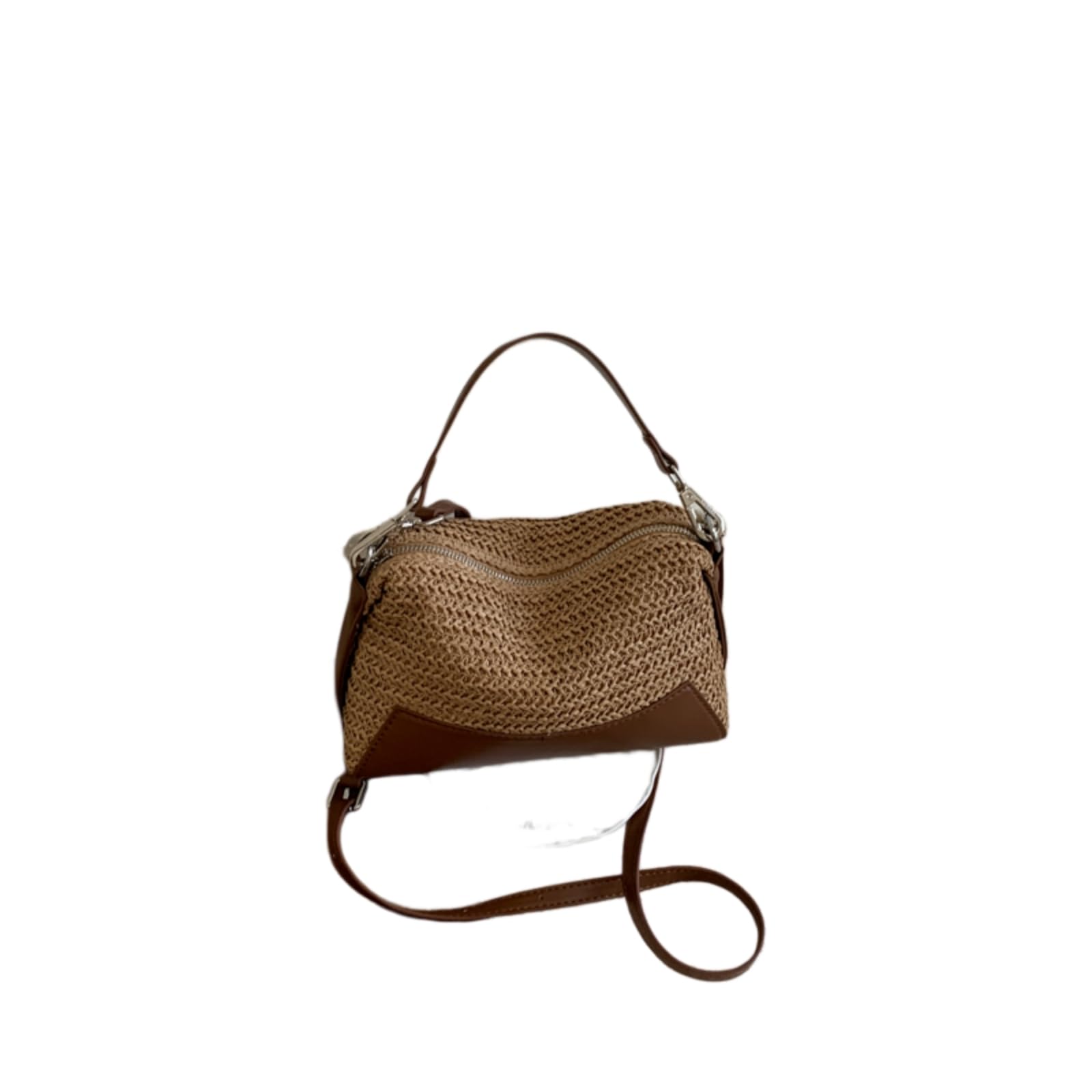 Bolso Hombro Paja Empalmado Tejido Barril De Cierre Cremallera Correas Desmontables Verano Playa Crossbody Mini Bolso-Black