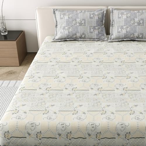 Image of Mafatlal 186 Tc Corsica Pure Cotton King Size Bedsheet | 108 X 108 Inches | Refreshing Summer Chadar for Breathable Sleeping Comfort | Bedding Set with 2 Pillow Covers | Star White