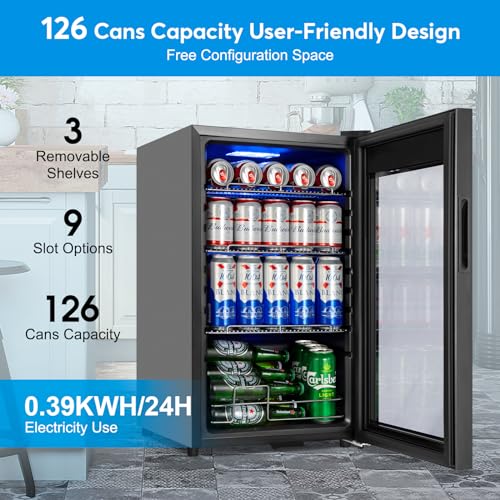Image of Beverage Refrigerator 17 inch Wide - 126 Can Beverage Cooler with Glass Door | Counter-Top /Freestanding Mini Beverage Beer Fridge | Temperature Memory | Invisible Door | Perfect for Soda, Beer
