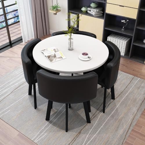 Image of Round Faux Marble Reception Table and Chairs Set, Dining Table Set for 4, Space Saving Reception Desk for Home and Apartment, Office, Conference Room, Lounge