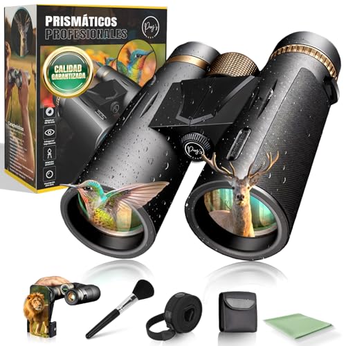 PROY'S NEXUS® Prismaticos Profesionales Largo Alcance 12x42, BaK-4, IP55; Binoculares para observación de Aves y Caza; Pack Completo con Funda, Adaptador para móvil y Kit de Limpieza.